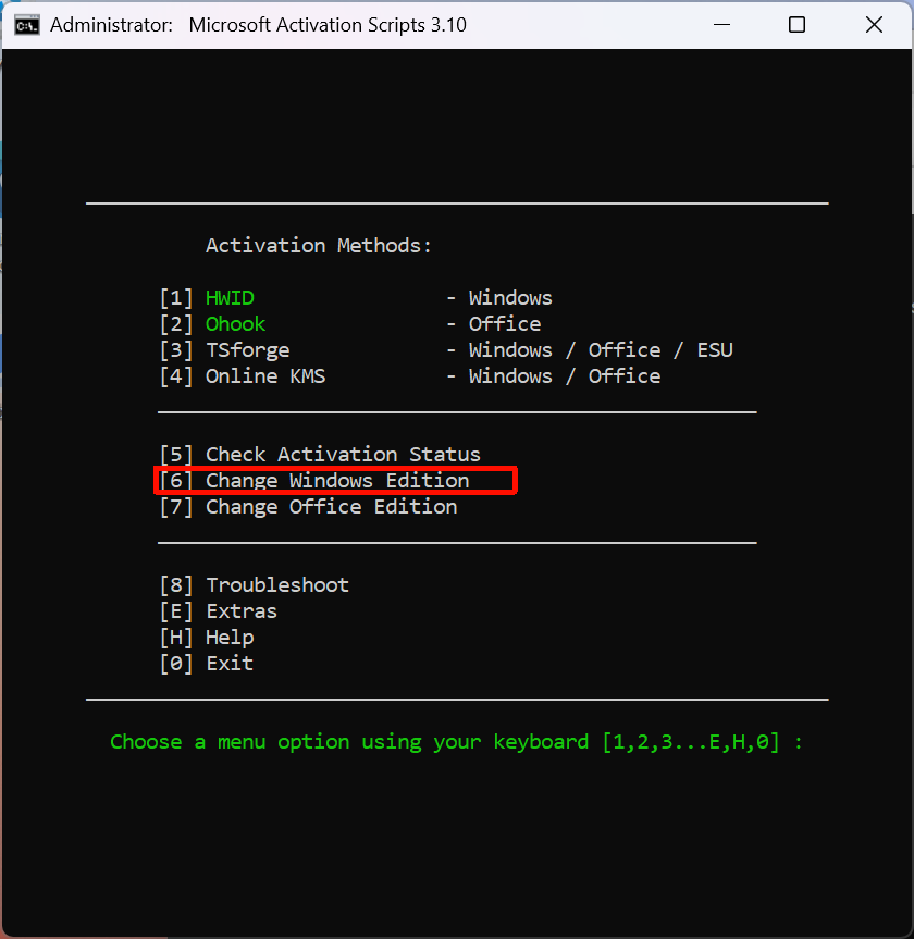 选择 Change Windows Edition